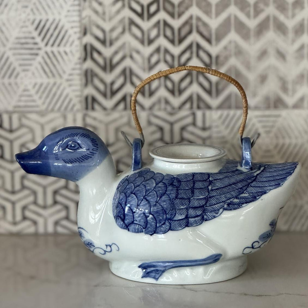 Vintage Blue & White Porcelain Duck Teapot – Hand-Painted Chinoiserie Style