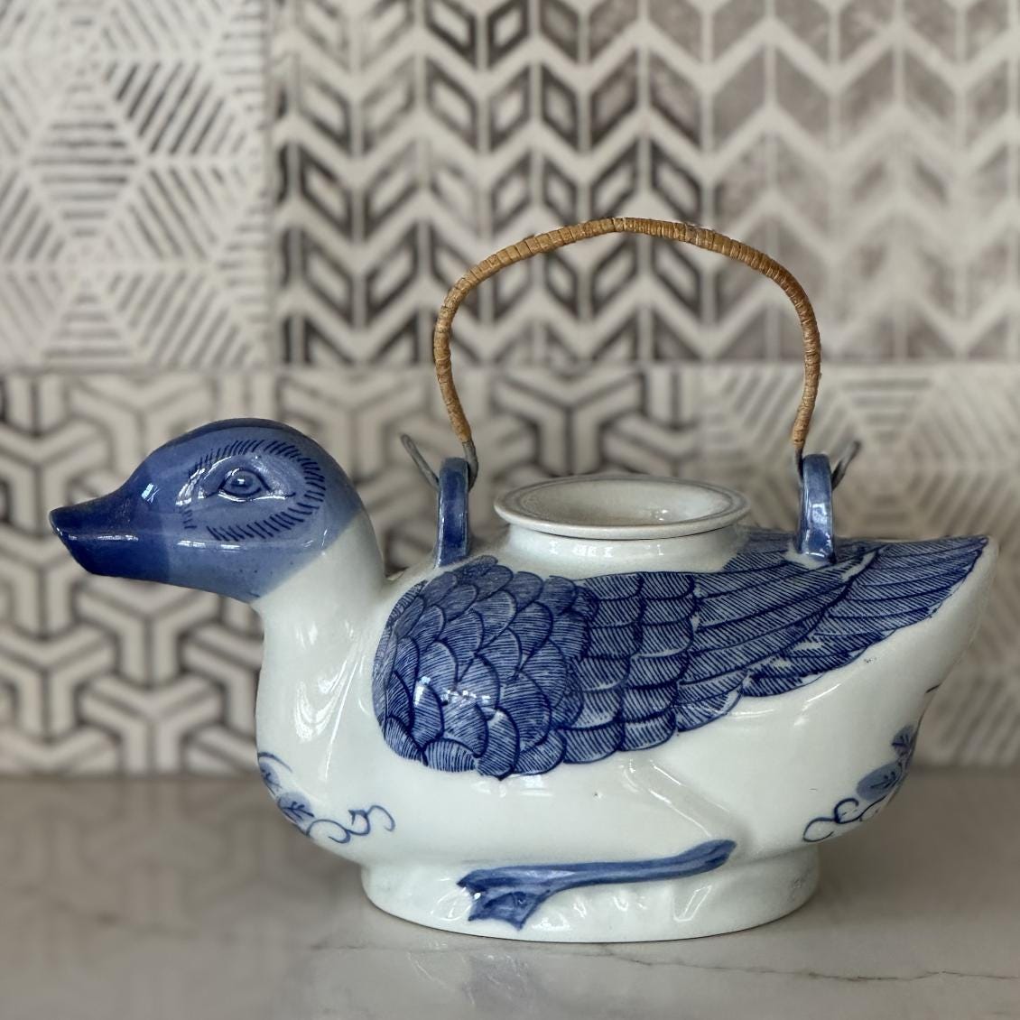 Vintage Blue & White Porcelain Duck Teapot – Hand-Painted Chinoiserie Style