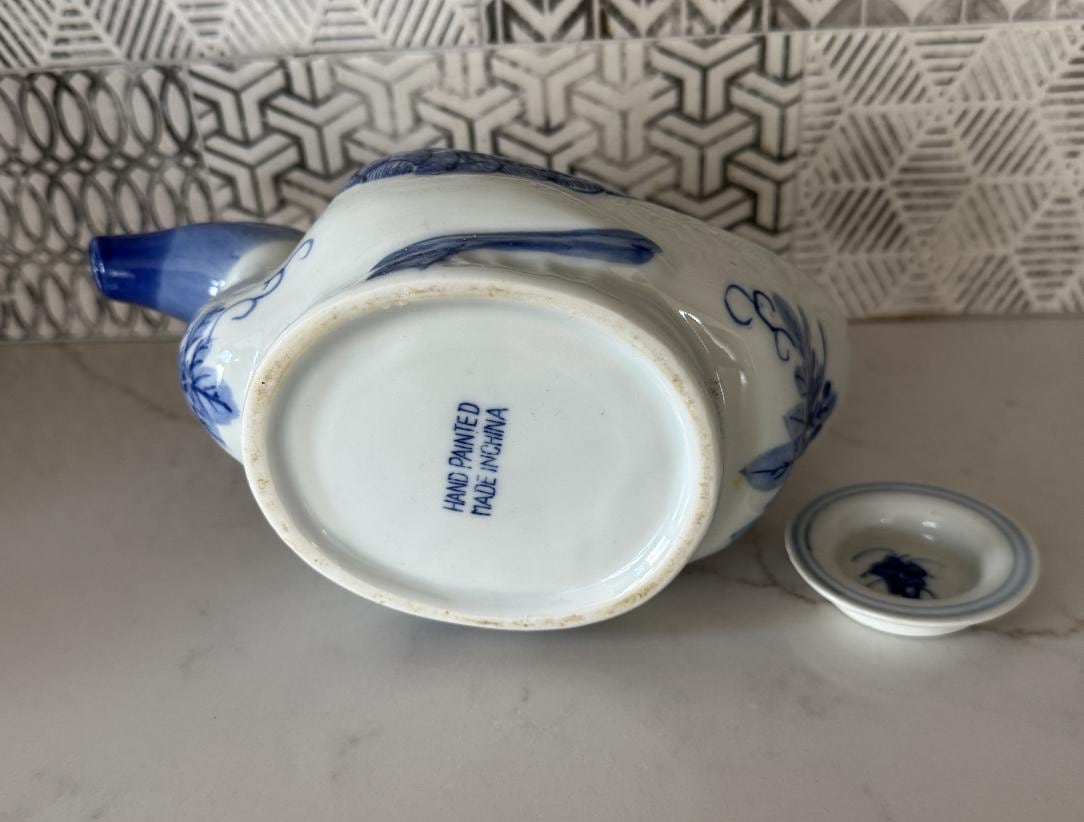 Vintage Blue & White Porcelain Duck Teapot – Hand-Painted Chinoiserie Style