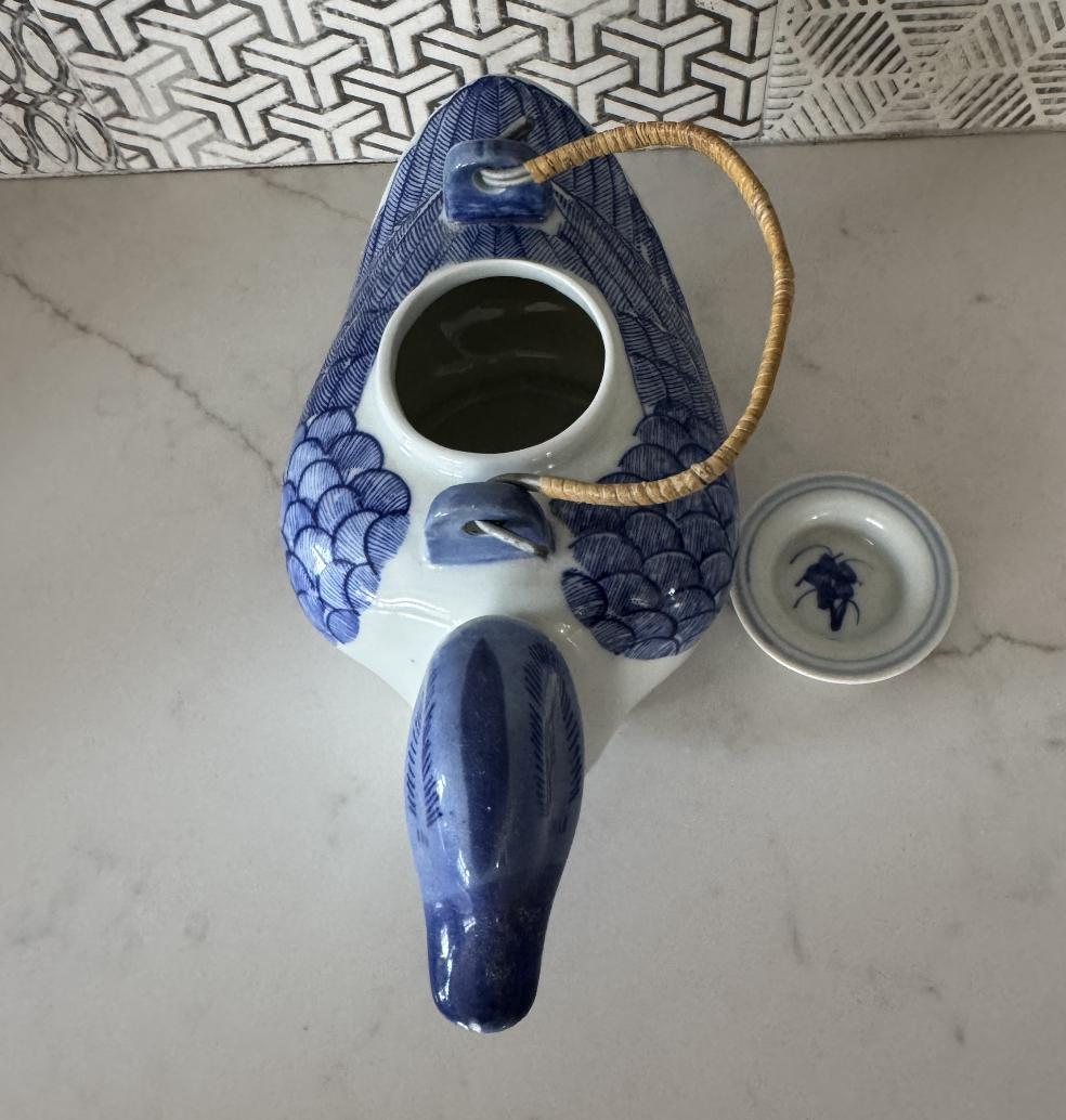 Vintage Blue & White Porcelain Duck Teapot – Hand-Painted Chinoiserie Style