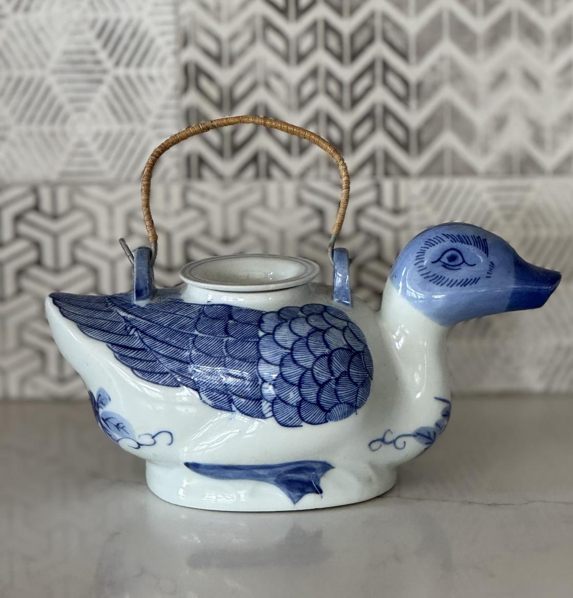 Vintage Blue & White Porcelain Duck Teapot – Hand-Painted Chinoiserie Style
